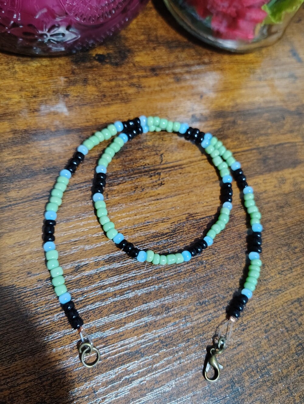 Handmade Green, Black & Light Blue Beaded Men's Necklace